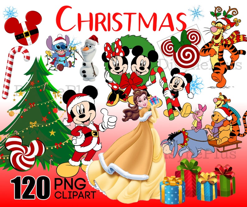 K&ouml;nnte beinhalten: Ein Weihnachtsbild mit verschiedenen Disney-Charakteren, darunter Mickey Mouse, Minnie Mouse, Belle, Stitch, Olaf, Tigger und Winnie Puuh. Die Charaktere sind in festlicher Kleidung dargestellt und von Weihnachtsdekorationen wie einem Weihnachtsbaum, Zuckerstangen und Geschenkboxen umgeben. Der Text "CHRISTMAS" ist in gro&szlig;en roten Buchstaben oben im Bild dargestellt. Das Bild enth&auml;lt auch den Text "120 PNG CLIPART".