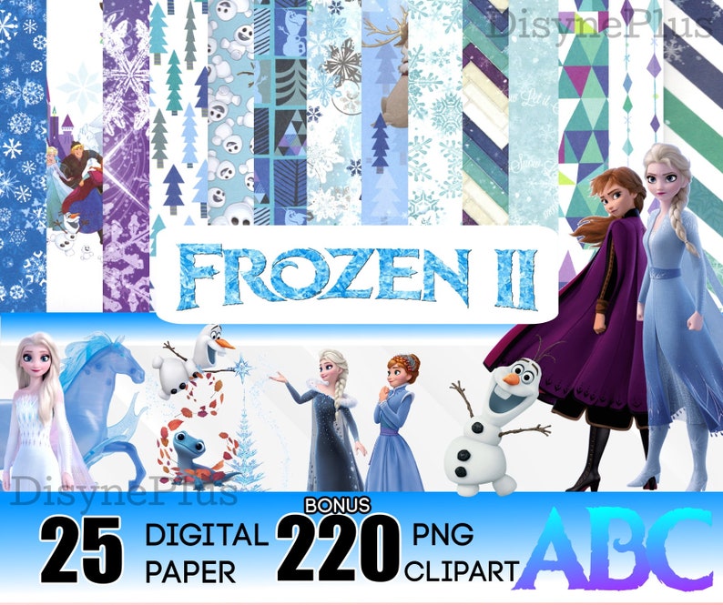 Frozen Digital Paper with Clipart Digital Download Olaf Elsa Ann