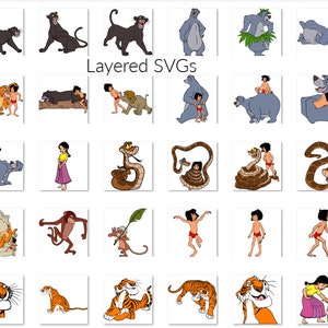 Puede incluir: Un conjunto de SVGs en capas con personajes de El Libro de la Selva de Disney. Los personajes incluyen a Mowgli, Baloo, Bagheera, Kaa, Shere Khan, King Louie y muchos m&aacute;s. Las im&aacute;genes est&aacute;n en estilo de dibujos animados y son perfectas para usar en proyectos digitales.