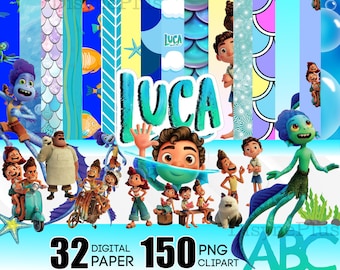 Luca Digital Paper, Luca PNG, Luca Clipart, Luca Alphabet, Luca scrapbook paper, Luca birthday, mermaid font, Luca shirt