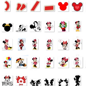 May include: A set of 48 black and white and red and white Mickey Mouse and Minnie Mouse themed iron-on transfers. The transfers feature various poses of Mickey and Minnie, including holding hands, wearing hats, and holding balloons. There are also some transfers with text, such as "Mr." and "Mrs."