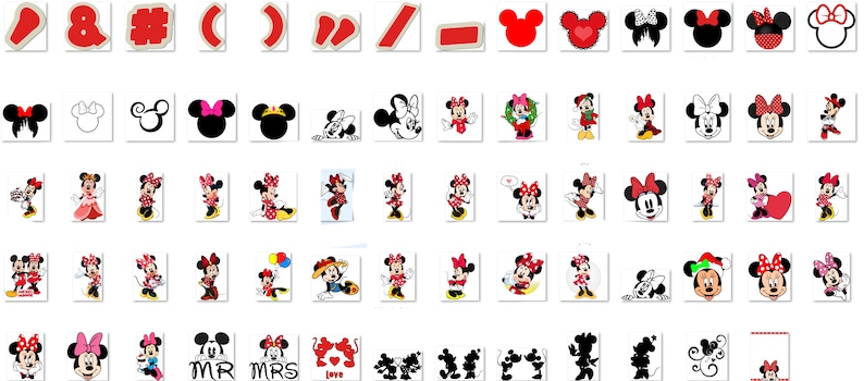 May include: A set of 48 black and white and red and white Mickey Mouse and Minnie Mouse themed iron-on transfers. The transfers feature various poses of Mickey and Minnie, including holding hands, wearing hats, and holding balloons. There are also some transfers with text, such as "Mr." and "Mrs."