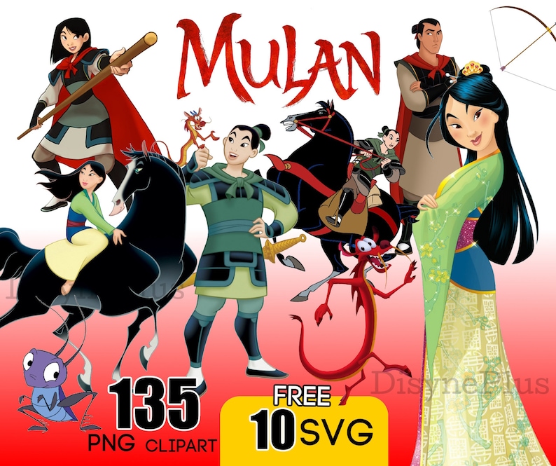 May include: A digital clipart set featuring characters from the Disney movie Mulan. The set includes Mulan, Captain Li Shang, Mushu, and other characters. The set includes 135 PNG clipart images and 10 free SVG files.
