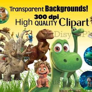 May include: A set of digital clipart images featuring characters from the animated movie The Good Dinosaur. The images include a green dinosaur, a human boy, a T-Rex, and a variety of other dinosaurs. The images are high quality and 300 dpi. Transparent Backgrounds!