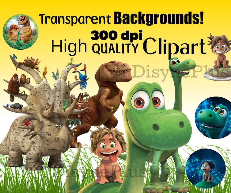 May include: A set of digital clipart images featuring characters from the animated movie The Good Dinosaur. The images include a green dinosaur, a human boy, a T-Rex, and a variety of other dinosaurs. The images are high quality and 300 dpi. Transparent Backgrounds!