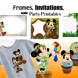 May include: A set of printable party decorations featuring Mickey and Minnie Mouse dressed in safari outfits. The set includes frames, invitations, cupcake toppers, and a t-shirt design. The decorations are perfect for a safari-themed birthday party.