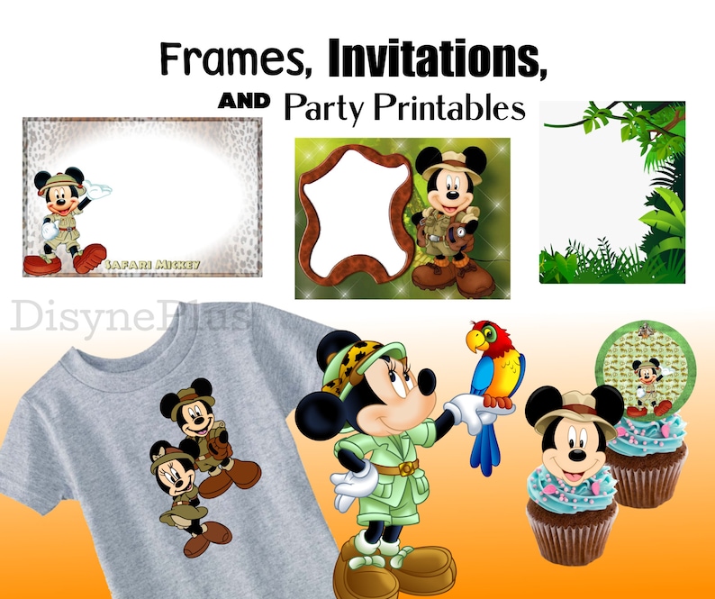 May include: A set of printable party decorations featuring Mickey and Minnie Mouse dressed in safari outfits. The set includes frames, invitations, cupcake toppers, and a t-shirt design. The decorations are perfect for a safari-themed birthday party.