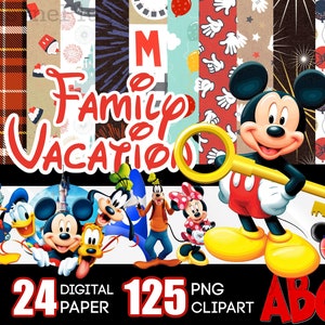 Papel digital de vacaciones familiares para libro de autógrafos, Mickey PNG, clipart de viaje de Mickey, Daisy Minnie, paquete de papel PNG de viaje familiar