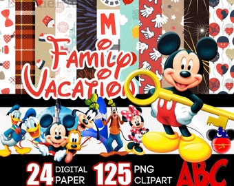 Family Vacation Digital Paper for Autograph Book, Mickey PNG, Mickey Trip Clipart, Daisy Minnie, Family Trip PNG Paper Bundle