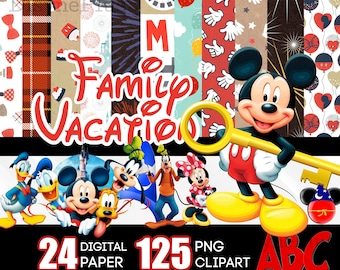 Family Vacation Digital Paper for Autograph Book, Mickey PNG, Mickey Trip Clipart, Daisy Minnie, Family Trip PNG Paper Bundle