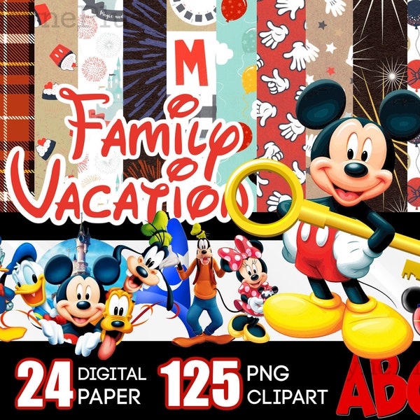 Family Vacation Digital Paper for Autograph Book, Mickey PNG, Mickey Trip Clipart, Daisy Minnie, Family Trip PNG Paper Bundle