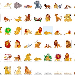 May include: A collection of cartoon images featuring lions from the Disney movie The Lion King. The images include Simba, Mufasa, Nala, Scar, and other characters from the movie. The images are in various poses and expressions, including roaring, sleeping, and playing.