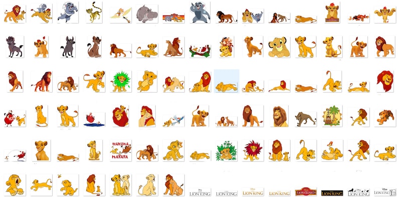 May include: A collection of cartoon images featuring lions from the Disney movie The Lion King. The images include Simba, Mufasa, Nala, Scar, and other characters from the movie. The images are in various poses and expressions, including roaring, sleeping, and playing.