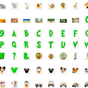May include: A set of green and white safari-themed alphabet and number stickers. The stickers feature animals like zebras, lions, monkeys, and toucans. There are also images of Mickey Mouse and Donald Duck.