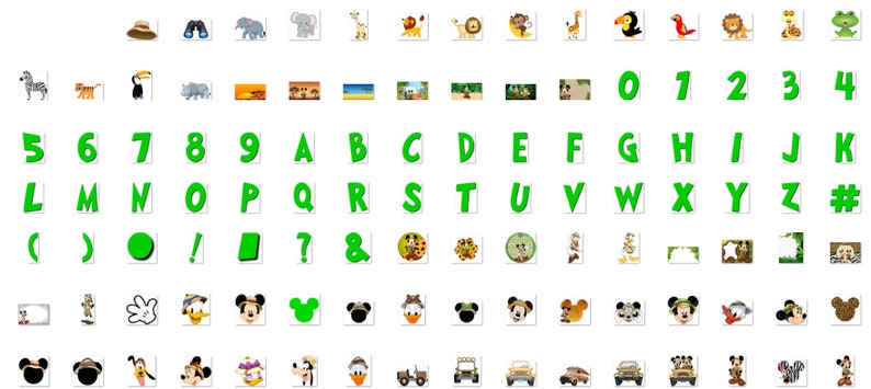 May include: A set of green and white safari-themed alphabet and number stickers. The stickers feature animals like zebras, lions, monkeys, and toucans. There are also images of Mickey Mouse and Donald Duck.