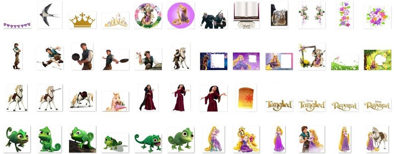 May include: A collection of digital images featuring characters and scenes from the animated film Tangled. The images include Rapunzel, Flynn Rider, Pascal the chameleon, Maximus the horse, Mother Gothel, and various other characters. The images are in a variety of styles, including cartoon, illustration, and photography.