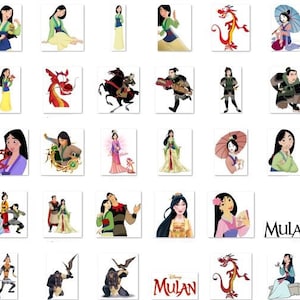 May include: A collection of colorful cartoon images featuring Mulan, a young woman warrior, and Mushu, a small dragon. The images include Mulan in various poses, Mushu in different expressions, and the two characters together. The images are set against a white background.
