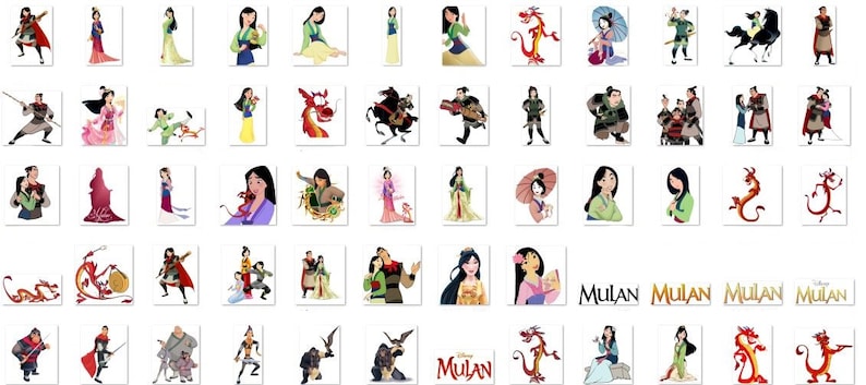 May include: A collection of colorful cartoon images featuring Mulan, a young woman warrior, and Mushu, a small dragon. The images include Mulan in various poses, Mushu in different expressions, and the two characters together. The images are set against a white background.