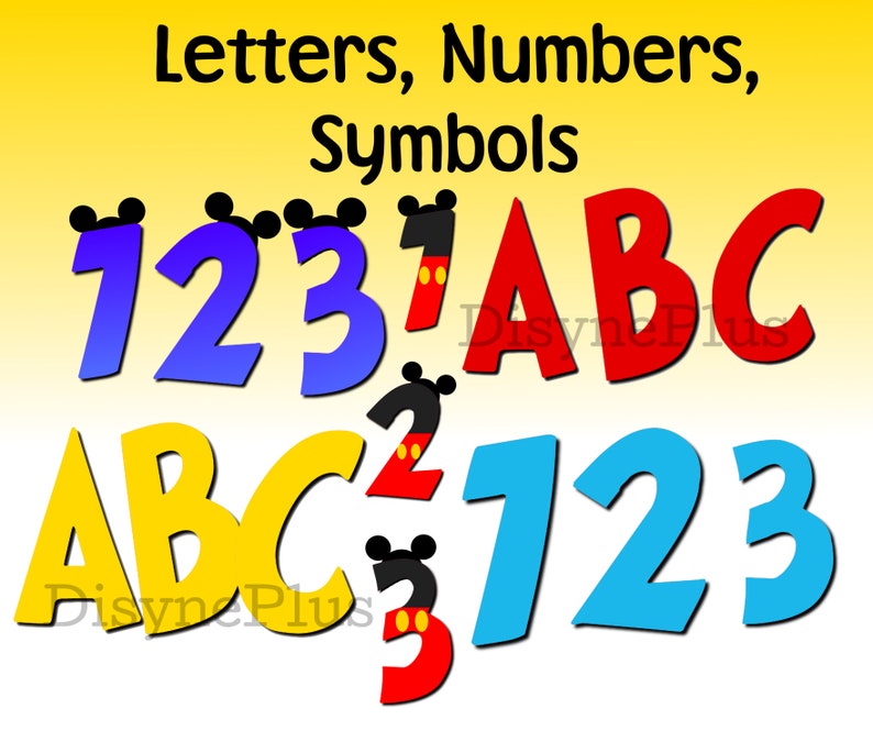 May include: Colourful letters and numbers with Mickey Mouse ears. The letters are red, the numbers are blue, and the letters and numbers are outlined in black. The letters spell out "ABC" and the numbers are "123".