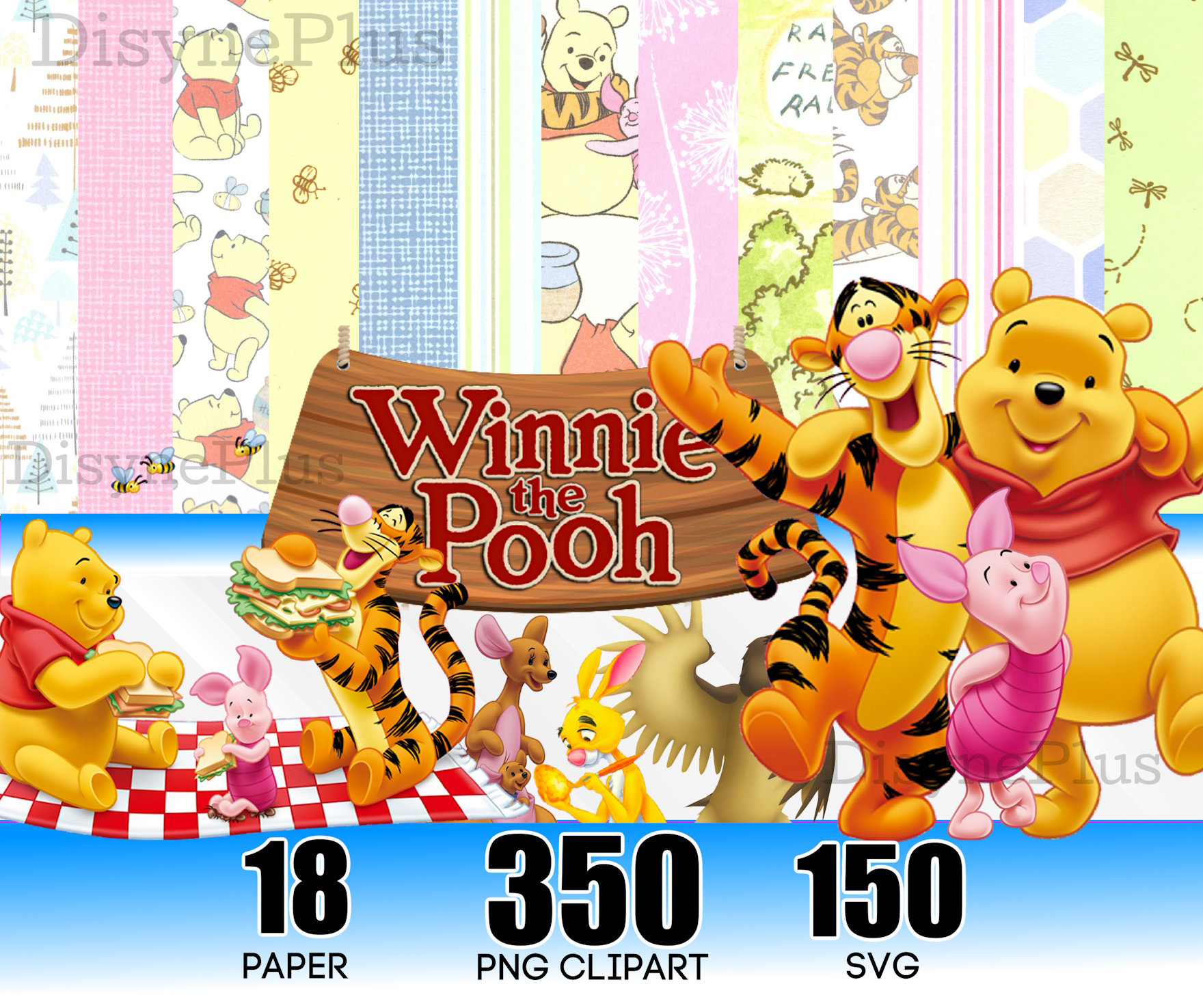 Winnie the Pooh Digital Paper, Winnie the Pooh PNG, Pastel Paper for scrapbook, Birthday, Winnie the pooh Baby shower or craft, pooh bear