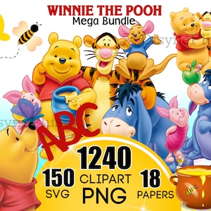 Winnie the Pooh SVG PNG Clipart Bundle, Winnie the Pooh png, Winnie the Pooh svg, Winnie the Pooh Geburtstagseinladungen, Eeyore Piglet Tigge