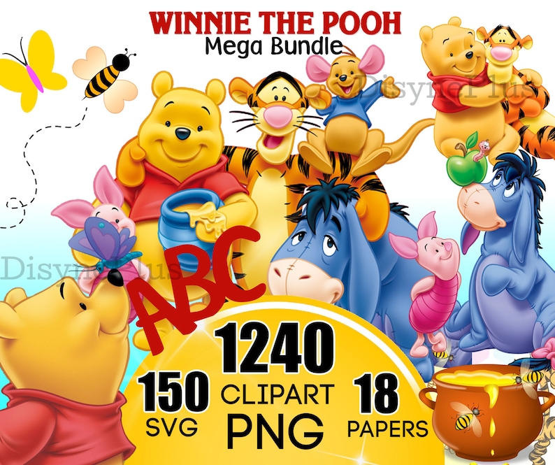 Winnie the Pooh SVG PNG Clipart Bundle, Winnie the Pooh png, Winnie the Pooh svg, Winnie the Pooh födelsedagsinbjudningar, Ior Nasse Tiger bild 1