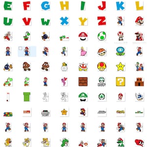 Op de afbeelding: Een kleurrijk alfabetkaart met de letters A tot en met Z in verschillende kleuren. Onder het alfabet staan verschillende personages uit de Super Mario Bros. videogame-serie, waaronder Mario, Luigi, Princess Peach, Toad en Bowser.