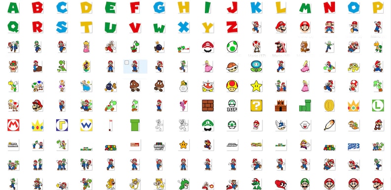 Op de afbeelding: Een kleurrijk alfabetkaart met de letters A tot en met Z in verschillende kleuren. Onder het alfabet staan verschillende personages uit de Super Mario Bros. videogame-serie, waaronder Mario, Luigi, Princess Peach, Toad en Bowser.