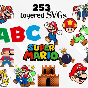 Op de afbeelding: Een set van 253 gelaagde SVG's met personages uit de Super Mario-videogameserie. De set bevat Mario, Luigi, Yoshi en andere personages. De letters A, B en C zijn ook inbegrepen, samen met de woorden "Super Mario".