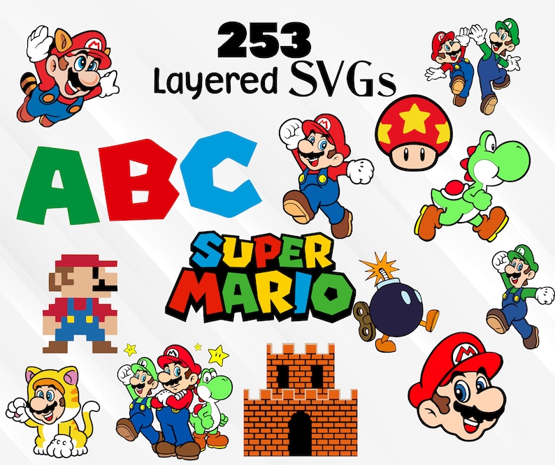 Op de afbeelding: Een set van 253 gelaagde SVG's met personages uit de Super Mario-videogameserie. De set bevat Mario, Luigi, Yoshi en andere personages. De letters A, B en C zijn ook inbegrepen, samen met de woorden "Super Mario".