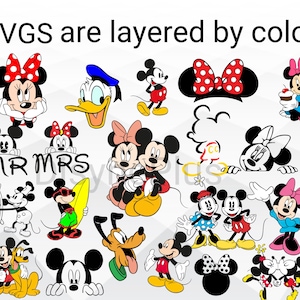 May include: A set of layered SVG files featuring various Disney characters, including Mickey Mouse, Minnie Mouse, Donald Duck, and Goofy. The characters are depicted in various poses and expressions, such as Mickey Mouse holding a surfboard, Minnie Mouse wearing a bow, and Donald Duck with his signature bill.