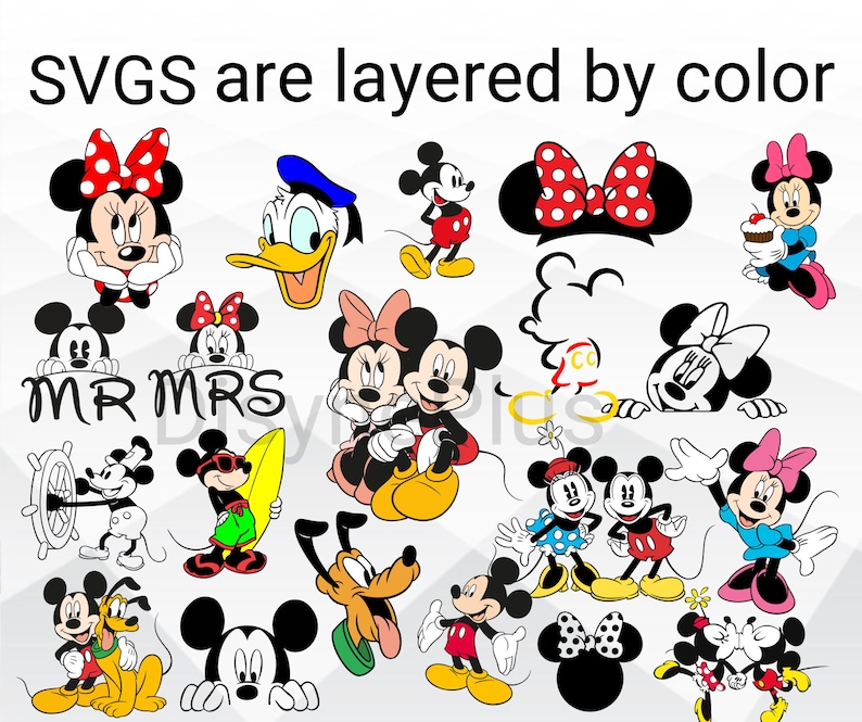 May include: A set of layered SVG files featuring various Disney characters, including Mickey Mouse, Minnie Mouse, Donald Duck, and Goofy. The characters are depicted in various poses and expressions, such as Mickey Mouse holding a surfboard, Minnie Mouse wearing a bow, and Donald Duck with his signature bill.