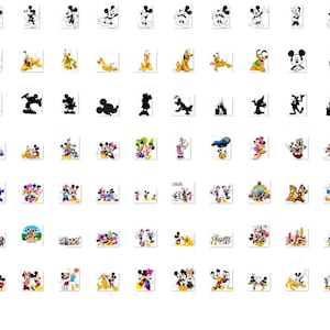 May include: A collection of 81 colourful cartoon images featuring Mickey Mouse and his friends. The images depict various scenes and activities, including Mickey Mouse and Minnie Mouse holding hands, Mickey Mouse driving a car, and Mickey Mouse and his friends playing in a park.