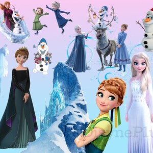 May include: A collage of characters from the animated movie Frozen. The image features Elsa, Anna, Olaf, Kristoff, Sven, and other characters from the movie. The characters are depicted in various poses and settings, including a snowy landscape, a castle, and a forest.