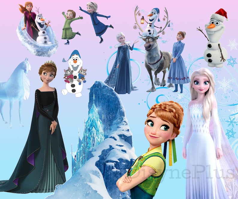 May include: A collage of characters from the animated movie Frozen. The image features Elsa, Anna, Olaf, Kristoff, Sven, and other characters from the movie. The characters are depicted in various poses and settings, including a snowy landscape, a castle, and a forest.
