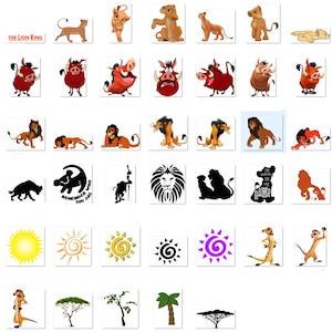 May include: A collection of colorful cartoon images featuring characters from the Lion King movie. The images include Simba, Mufasa, Scar, Pumbaa, Timon, and more. The images are in various poses and expressions, and some include text from the movie.