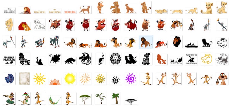 May include: A collection of colorful cartoon images featuring characters from the Lion King movie. The images include Simba, Mufasa, Scar, Pumbaa, Timon, and more. The images are in various poses and expressions, and some include text from the movie.