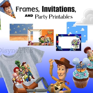 Pu&ograve; includere: Immagine con articoli per feste a tema "Toy Story". Include una maglietta grigia con grafica dei personaggi, decorazioni per cupcake, cornici e inviti. Il testo "Frames, Invitations, AND Party Printables" &egrave; visualizzato in alto.