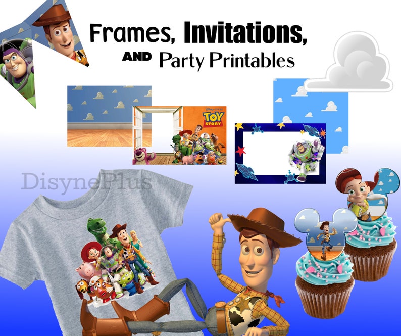 Pu&ograve; includere: Immagine con articoli per feste a tema "Toy Story". Include una maglietta grigia con grafica dei personaggi, decorazioni per cupcake, cornici e inviti. Il testo "Frames, Invitations, AND Party Printables" &egrave; visualizzato in alto.