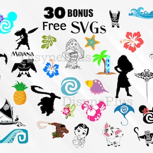 K&ouml;nnte beinhalten: Eine Sammlung von 30 kostenlosen SVG-Dateien mit Charakteren und Symbolen aus dem Disney-Film Moana. Die Bilder zeigen Moana, Maui, den Ozean, eine Ananas, einen Hahn, ein Schwein, eine Muschel, eine Blume und ein Surfbrett.