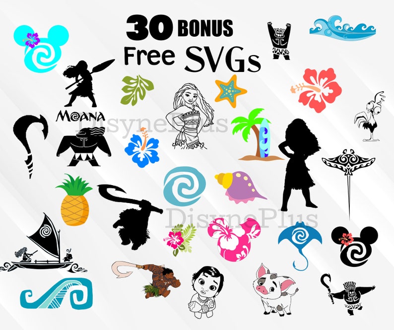 K&ouml;nnte beinhalten: Eine Sammlung von 30 kostenlosen SVG-Dateien mit Charakteren und Symbolen aus dem Disney-Film Moana. Die Bilder zeigen Moana, Maui, den Ozean, eine Ananas, einen Hahn, ein Schwein, eine Muschel, eine Blume und ein Surfbrett.