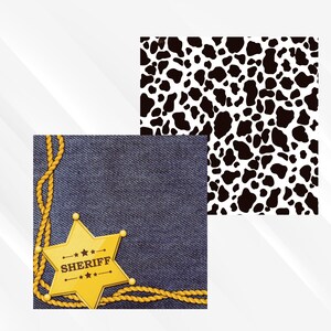 May include: A blue denim background with a gold sheriff's star and rope design. The background is a cow print pattern.