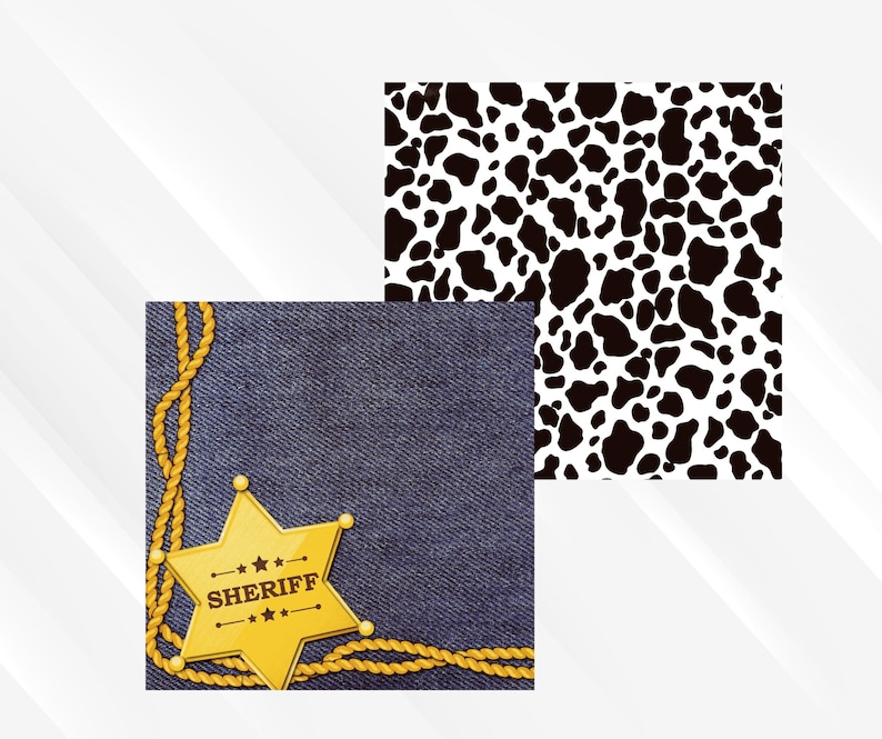 May include: A blue denim background with a gold sheriff's star and rope design. The background is a cow print pattern.
