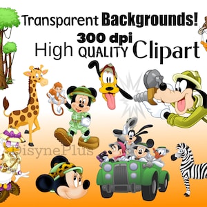 May include: A set of cartoon safari animal clip art images. The images include a giraffe, a zebra, a monkey, Mickey Mouse, Goofy, and Donald Duck. The images are set against a white background.