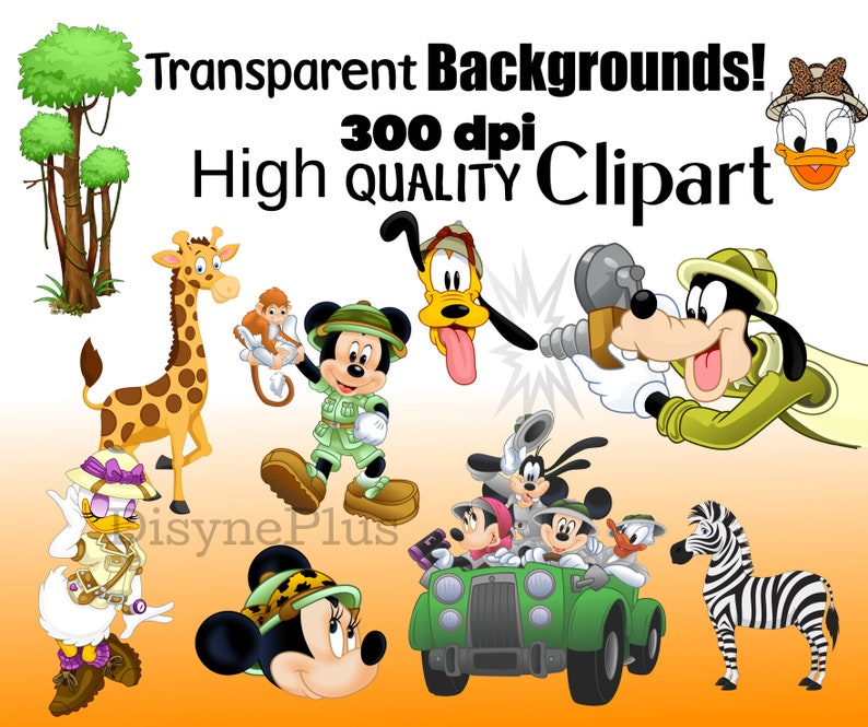 May include: A set of cartoon safari animal clip art images. The images include a giraffe, a zebra, a monkey, Mickey Mouse, Goofy, and Donald Duck. The images are set against a white background.