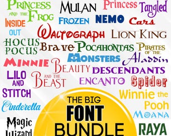 The Big Font Bundle, Font TTF File, Alphabet Letters, Mermaid Font, Stitch Font, Princess Font, Monsters, Wizard, Lion King, and more