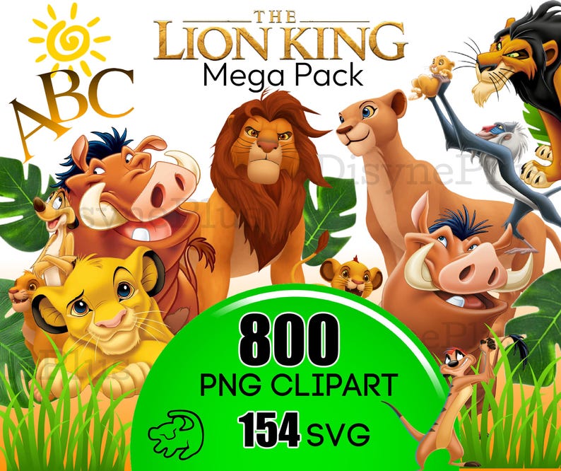 May include: A colorful illustration featuring characters from The Lion King, including Simba, Nala, Pumbaa, Timon, and Mufasa. The image includes the text "The Lion King Mega Pack 800 PNG Clipart 154 SVG".