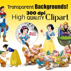 May include: A set of digital clipart images featuring characters from the Disney movie Snow White and the Seven Dwarfs. The images include Snow White, the Prince, the Evil Queen, and the Seven Dwarfs. The images are high quality and have transparent backgrounds.