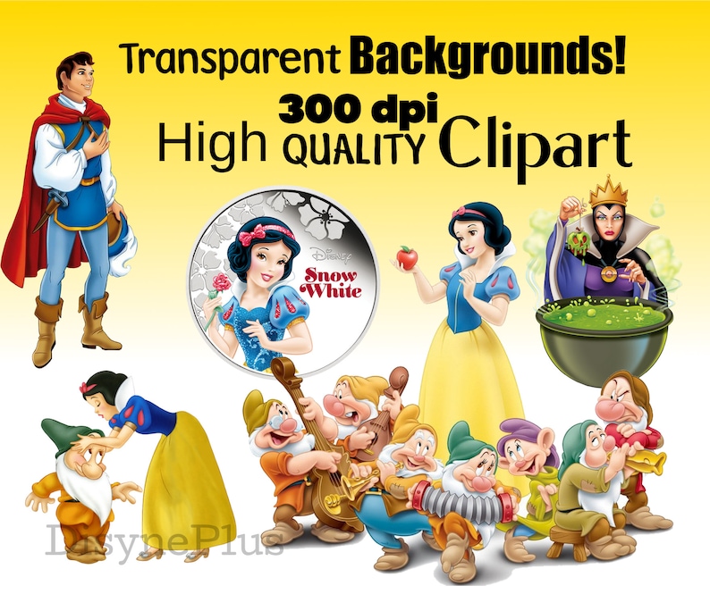 May include: A set of digital clipart images featuring characters from the Disney movie Snow White and the Seven Dwarfs. The images include Snow White, the Prince, the Evil Queen, and the Seven Dwarfs. The images are high quality and have transparent backgrounds.