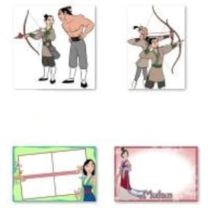 May include: A set of printable digital images featuring Mulan characters, including Mulan, Mushu, Khan, and Shang. The images are in a cartoon style and are perfect for crafting projects, scrapbooking, or party decorations.
